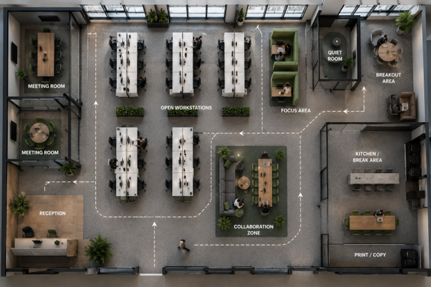 Commercial office layout showing dedicated focus areas, collaboration spaces, meeting rooms and efficient circulation pathways.
