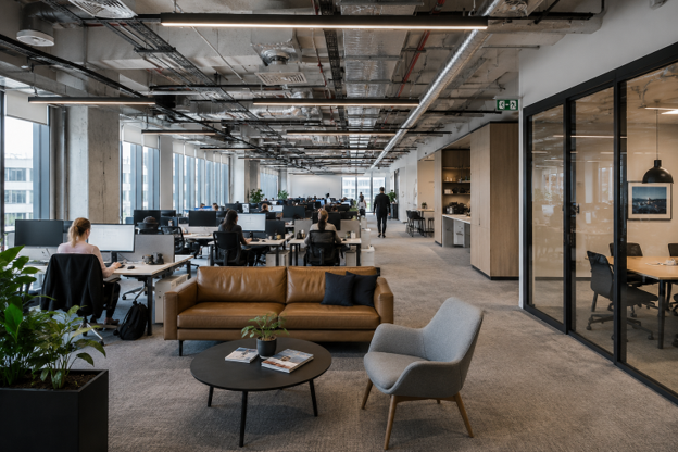 Modern open plan office with collaborative workspaces, quiet zones and natural lighting designed to improve employee productivity.